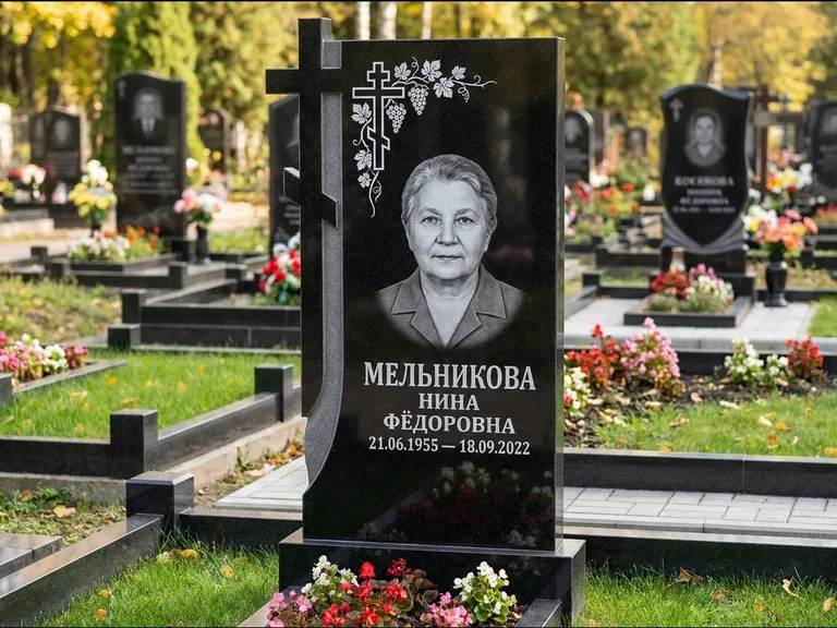 Памятник из чёрного гранита — стела с резной рамкой с крестом с распятием, работа «Некрасова» в Сургуте