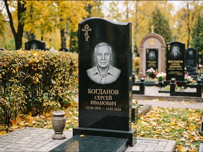 Памятник из чёрного гранита — стела с цветником с процветшим крестом с виноградной лозой, работа «Журавлёв» в Сургуте