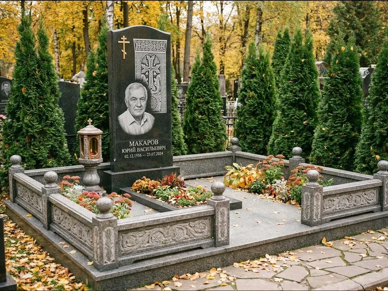 Памятник из чёрного гранита — стела с крестом и лампадой с армянским хачкаром, работа «Гущин» в Сургуте