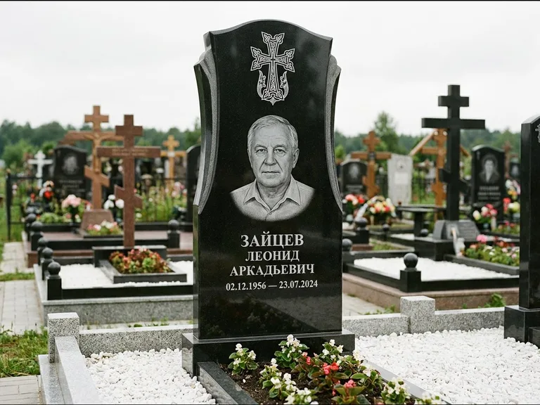 Памятник из чёрного гранита — семейная стела на двоих с армянским хачкаром, работа «Журавлёв» в Сургуте