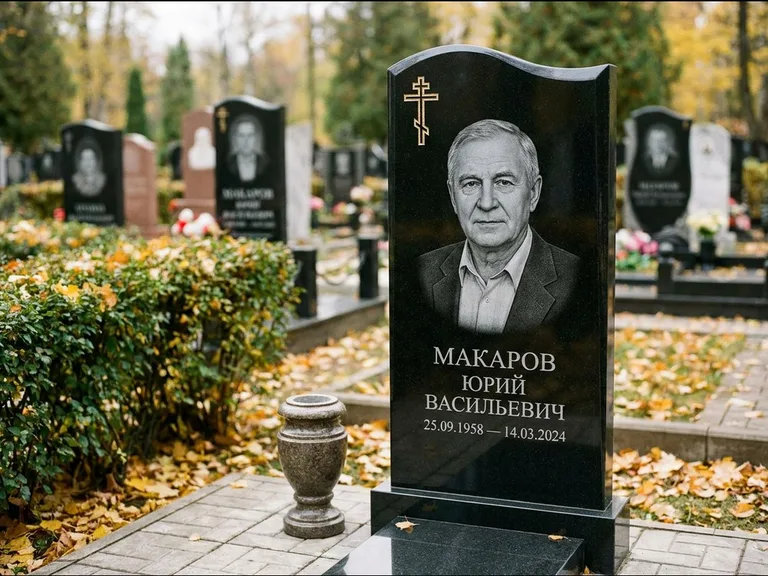 Памятник из чёрного гранита — фигурная стела с киот-нишей с процветшим крестом с виноградной лозой, работа «Богданов» в Сургуте
