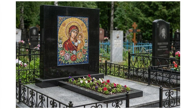 Мозаика на памятник в Сургуте — цветное панно из смальты на чёрной гранитной стеле