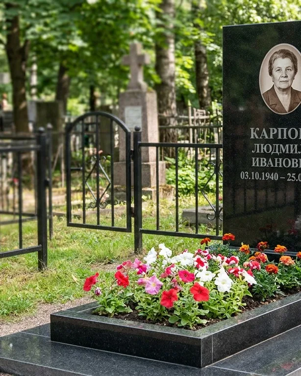 Памятник под ключ с низкой оградой и цветником в Сургуте