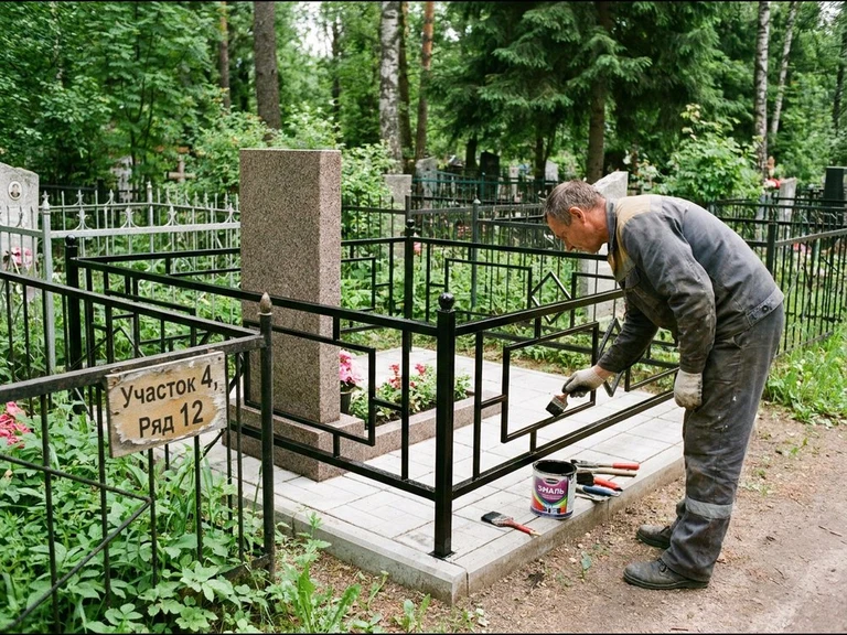 Покраска оградки на кладбище в Сургуте — мастер красит металлическую ограду на могиле чёрной эмалью