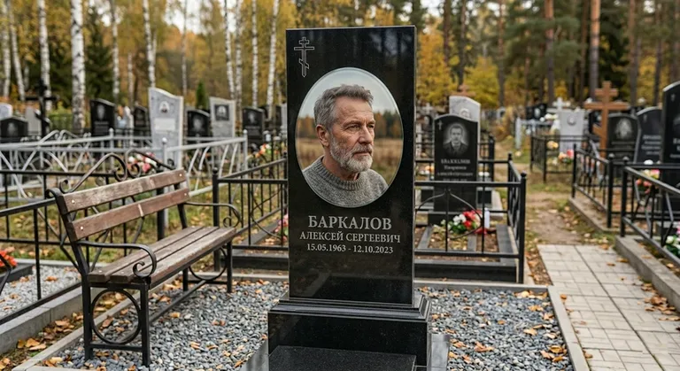 Овальный портрет на стекле на чёрной гранитной стеле в Сургуте
