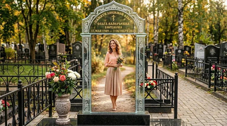 Портрет на стекле в форме арки на памятнике в Сургуте