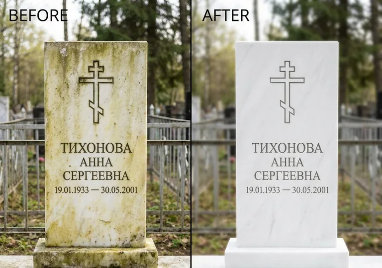 Восстановление мраморного надгробия от желтизны: до и после в Сургуте