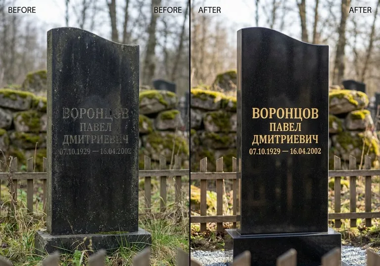 Золочение и обновление надписей на памятнике: до и после в Сургуте
