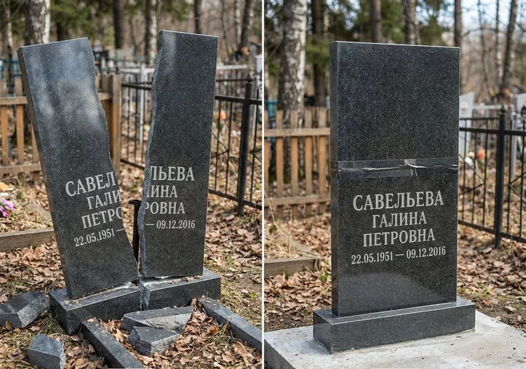 Склейка расколотого гранитного памятника: до и после в Сургуте