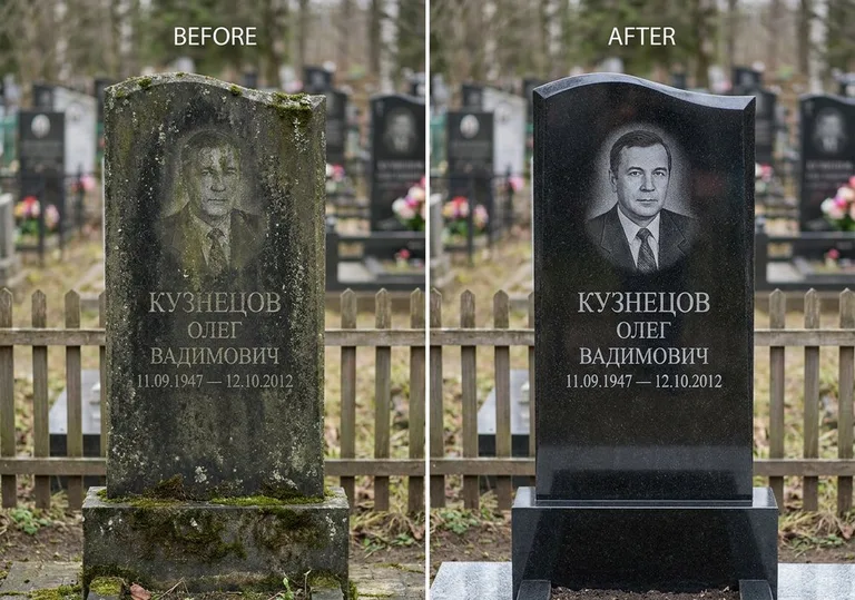 Реставрация гранитного памятника: до и после чистки и полировки в Сургуте