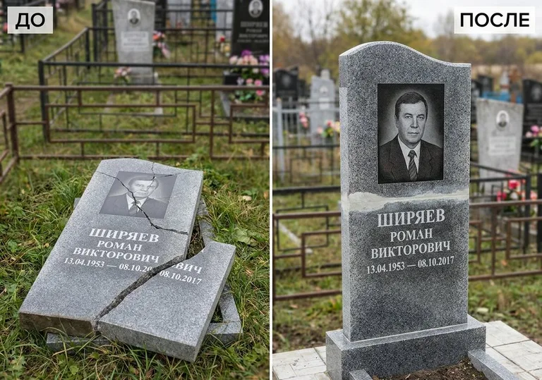 Обновление золочёных букв на граните: до и после в Сургуте