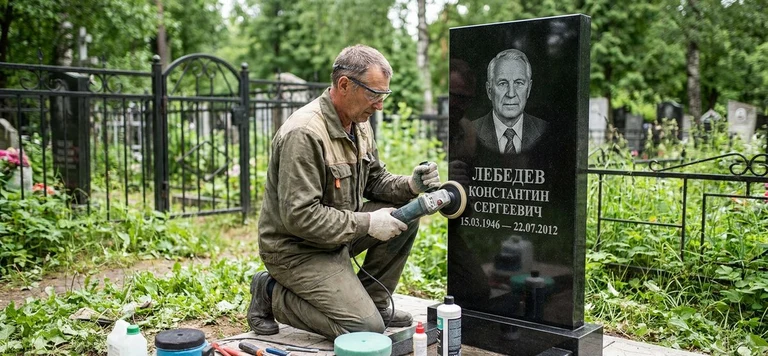Реставрация памятника в Сургуте — восстановление гранита, заделка трещин и обновление надписей на кладбище