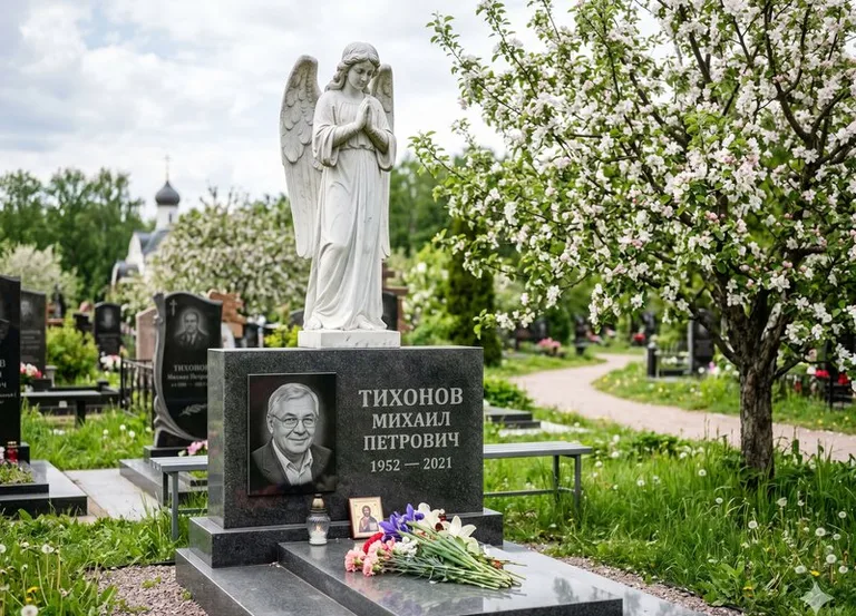 Мраморный молящийся ангел на гранитном памятнике весной в Сургуте