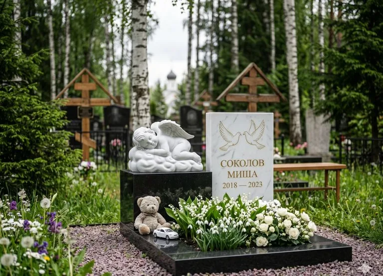 Белый ангелочек на детском памятнике в Сургуте