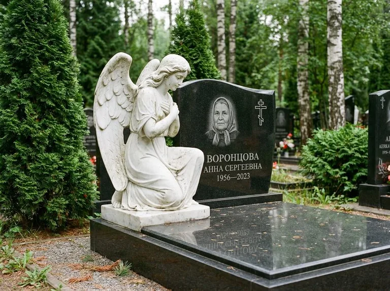 Белый мраморный ангел на гранитном памятнике в Сургуте