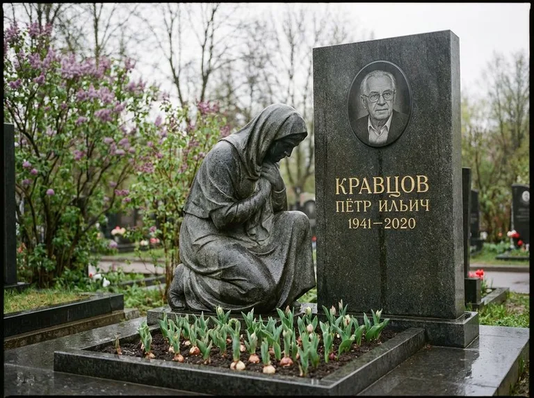 Гранитная скорбящая фигура у стелы на кладбище в Сургуте