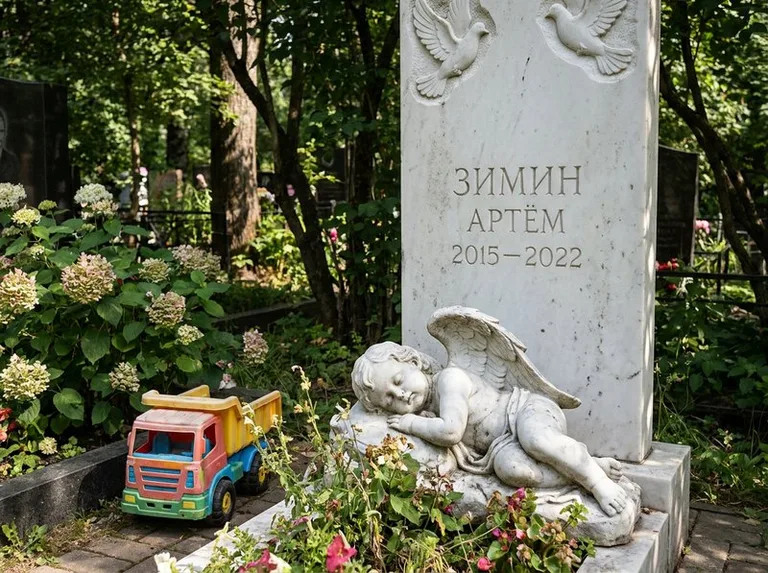 Спящий ангелочек на детском памятнике в Сургуте