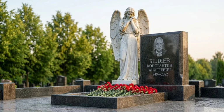 Скульптура на памятник в Сургуте — мраморный ангел на гранитном мемориале