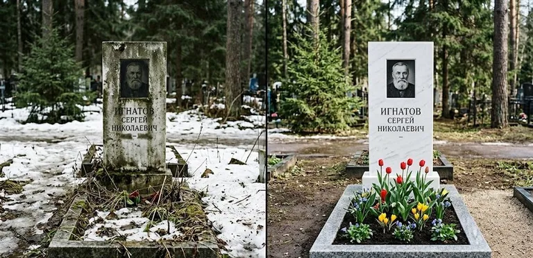 Диптих №6: высадка хризантем у подножия серого гранита — до и после уборки в Сургуте