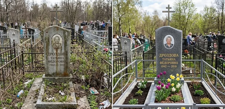Диптих №4: свежепокрашенная серебром оградка и отмытый красный гранит — до и после в Сургуте