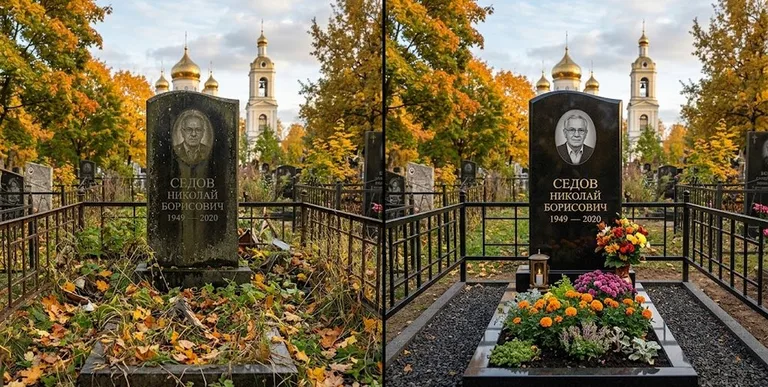Уборка могилы до и после осенью — у церкви в Сургуте