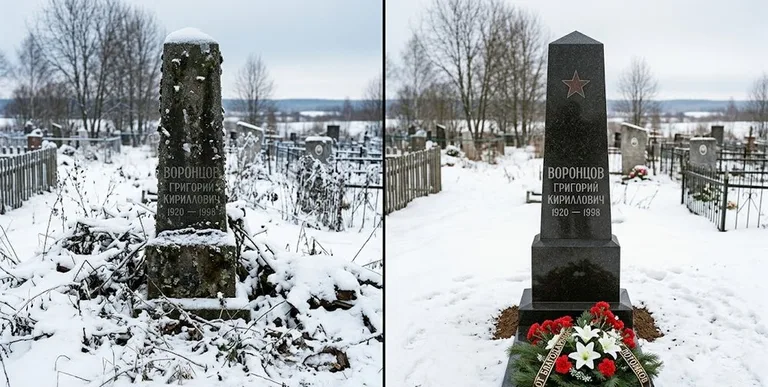 Уборка могилы до и после зимой — воинский обелиск в Сургуте