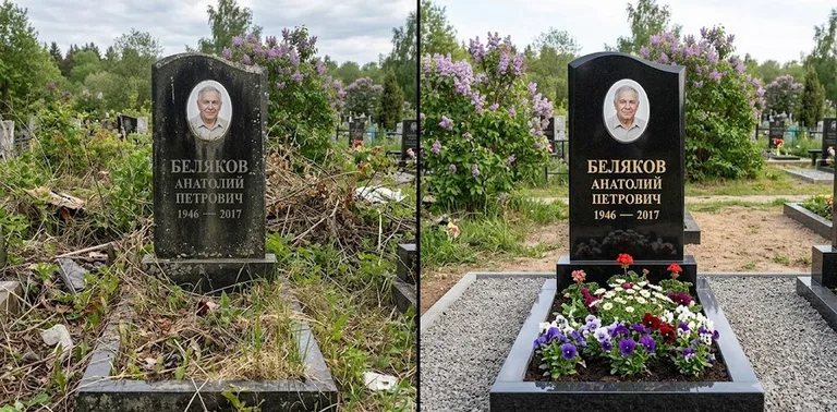 Уборка могилы до и после весной — цветущая сирень в Сургуте