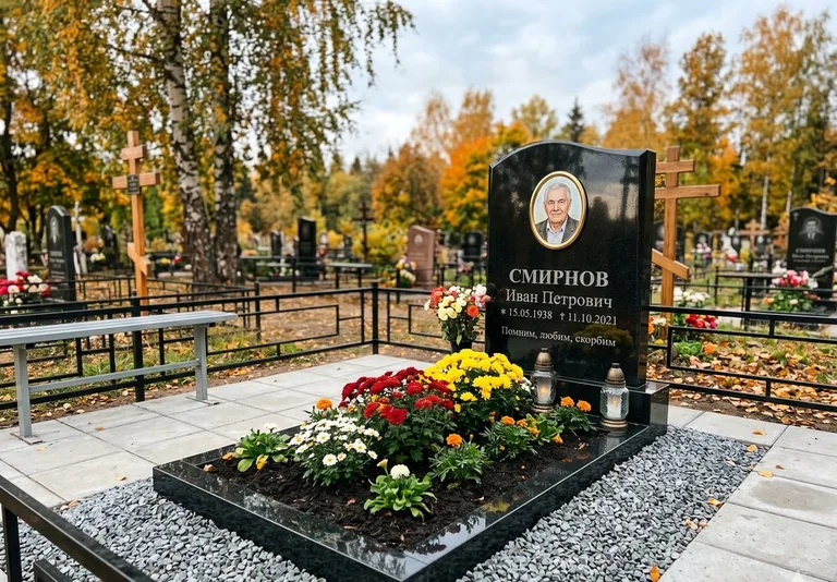 Ухоженная могила после уборки и мойки памятника в Сургуте
