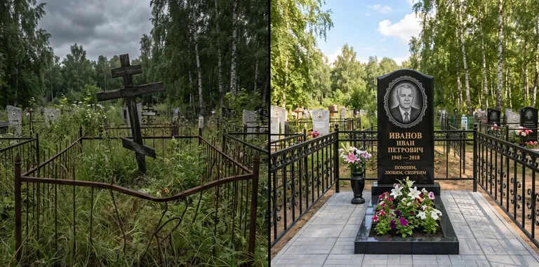 Благоустройство могилы до и после установки памятника в Сургуте