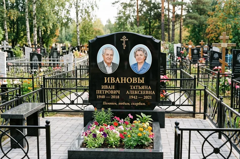 Установка памятника на бетонное основание с цоколем и цветником в Сургуте
