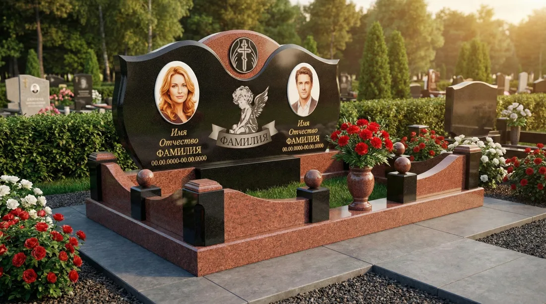 Памятник родителям из чёрного гранита, двойное сердце с крыльями, два портрета, крест, красные гвоздики Памятник родителям из чёрного гранита, двойное сердце с крыльями, два портрета, крест, красные гвоздики