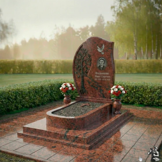 Гранитный мемориал с деревом и голубем, гранит Лезниковский