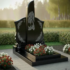 Гранитный памятник с крестом и мемориальным комплексом - ПН229