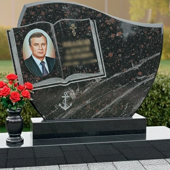 Гранитный мемориал в виде раскрытой книги, гранит амфиболит
