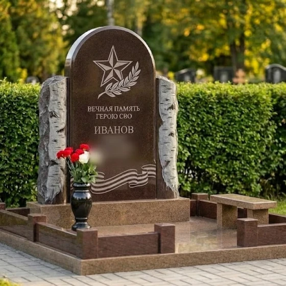 Гранитная мемориальная композиция с аркой и звездой, гранит Дымовский