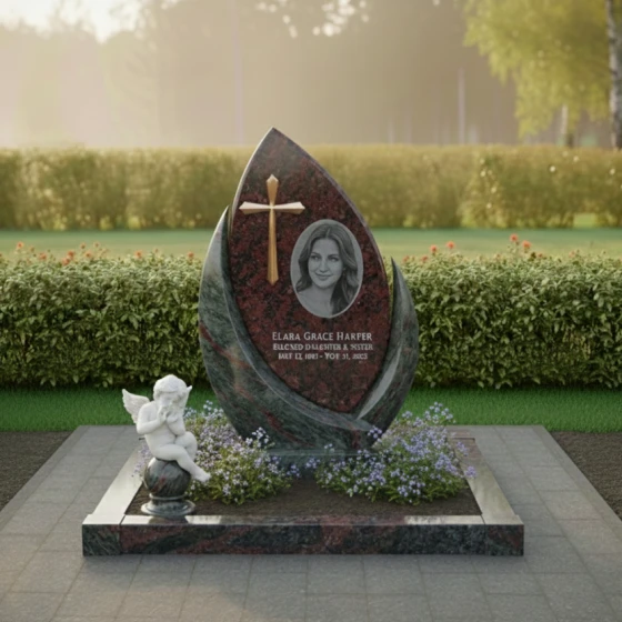 Католический памятник с крестом и лепестком, гранит амфиболит