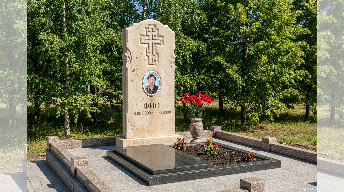 Пример дизайна: Памятник из светлого известняка арочной формы с крестом