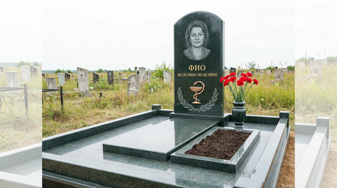 Пример дизайна: Гранитный памятник врачу с аркой с фонендоскопом и книгой