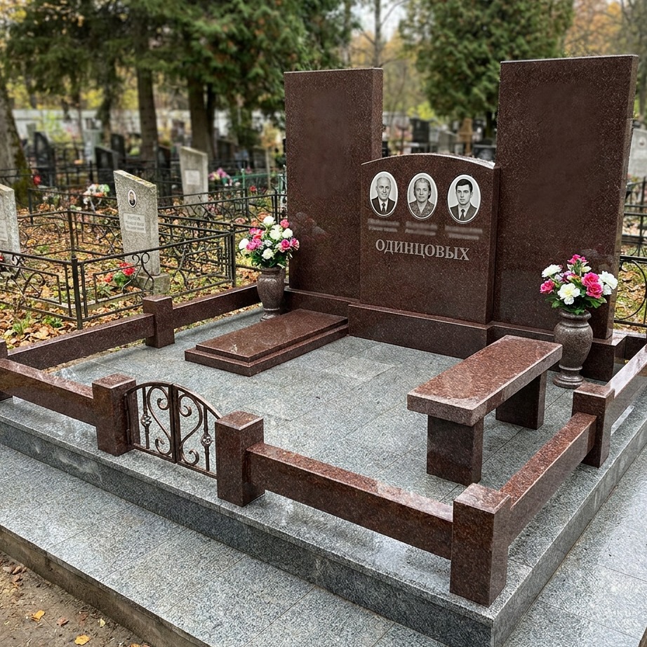 Пример дизайна: Семейный мемориальный комплекс из красного гранита — фото и цена