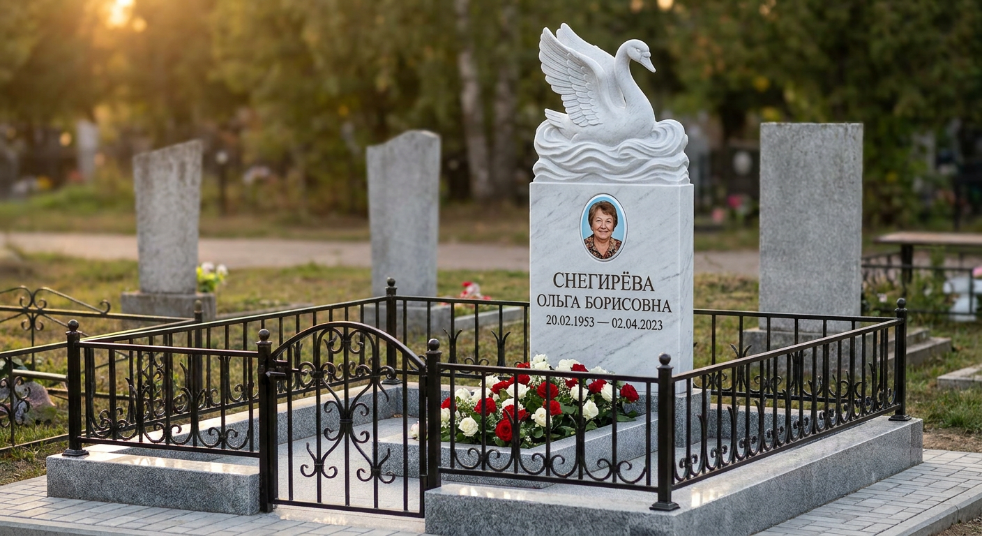 Пример дизайна: Памятник с лебедем и волнами из белого мрамора