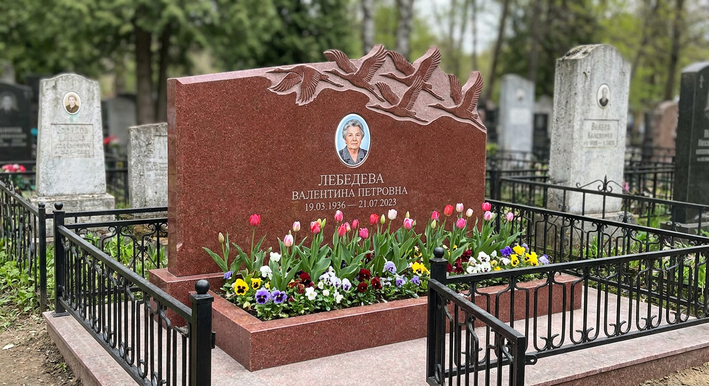 Пример дизайна: Памятник с журавлями из лезниковского гранита с портретом