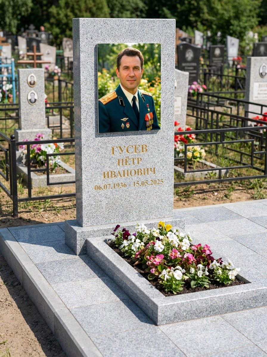 Портрет на памятнике в Сургуте — Прямоугольник на гранитной стеле, ФИО и даты на портрете